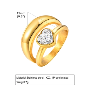 18k gold plated stainless steel double ring with heart-shaped cubic zirconia stone