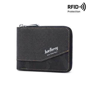 Baellerry short men's wallet in black leather with yellow stitching and RFID protection