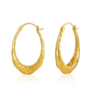 Irregular hammered 18K gold plated oval hoop earrings with vintage textured finish