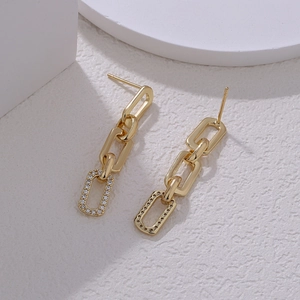 French style gold geometric link drop earrings with micro-inlaid zircon tassel detailing