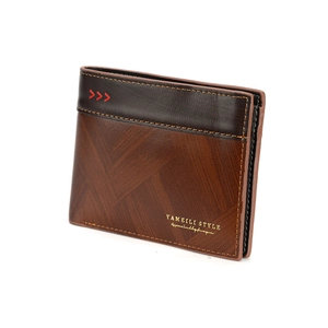 Slim bifold brown wallet for men featuring contrast textures and woven pattern detail