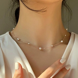 Alloy Fine Chain Imitation Artificial Pearl Choker Necklace Elegant Minimalist Clavicle Chain For Women Girls Retro French Style Accessory