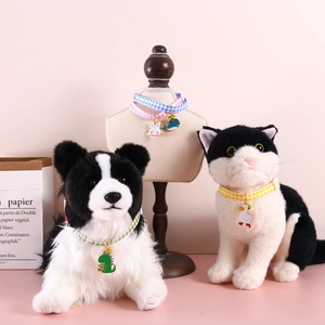 Plaid pet collars with cute animal pendants shown on plush dog and cat models