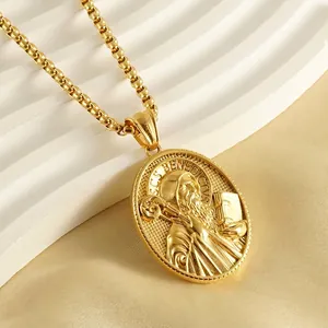 Vintage 18K gold plated stainless steel St. Benedict pendant with box chain necklace