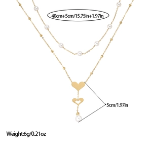 Collier double rang perles dorées avec pendentif cœur, détails 40cm+5cm affichés