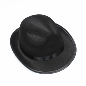 Top-down view of black felt top hat featuring a classic satin ribbon band detail