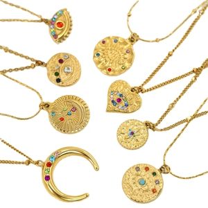 14k gold plated stainless steel necklaces with colorful sun, moon, and heart pendants