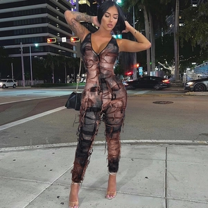 Damen Sexy Halfter Deep V Neck Jumpsuit Distressed Mesh Hollow Out Rückenfrei Sheer Bodycon Langer Jumpsuit Streetwear