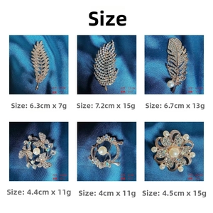 Detailed dimension guide for elegant gold feather and floral brooches with pearls