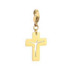 Golden stainless steel cross pendant with hollow silhouette and lobster clasp