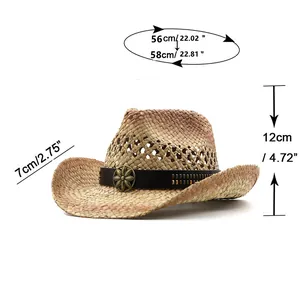 Guide des tailles montrant la circonférence et la hauteur du chapeau de cowboy en paille