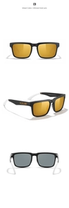 Detailed views of polarized sports sunglasses with gold mirrored lenses and black white frame