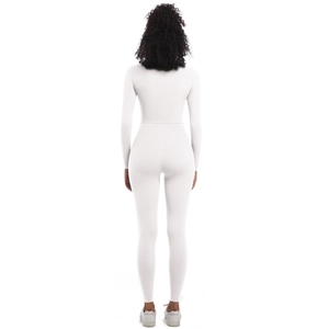 Vue arrière du body de yoga blanc à manches longues hautement extensible et ajusté