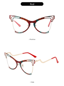 Detail of red tortoiseshell cat-eye frames with gold metal temples from multiple angles