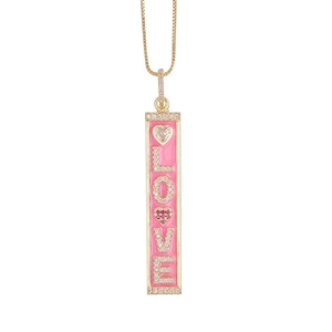 Detail of 18K gold rectangle pendant featuring pink enamel and micro-set LOVE letters