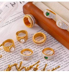 Detail of gold-plated titanium steel ring set with freshwater pearls and pavé zircons