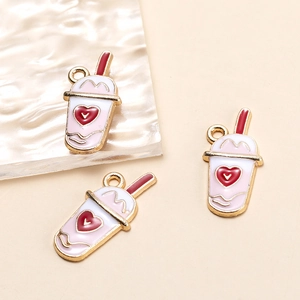 Three pink heart milk tea alloy charms for DIY handmade jewelry necklace accessories