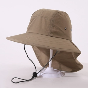Detail of khaki sun hat featuring a wide brim, long neck flap and adjustable wind cord