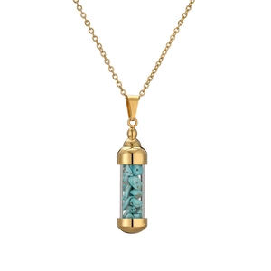 Golden perfume bottle pendant necklace with blue crushed stones and stainless steel chain