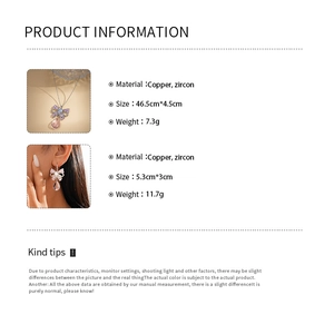 Detailed size and material information for zircon bowknot pendant necklace and earrings