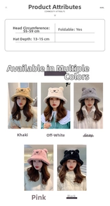 Size chart for plush bear ear bucket hat showing foldable design and five colors