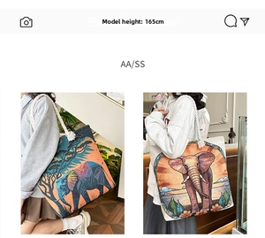 Detail of canvas tote bag featuring elephant prints and thick white cotton rope handles