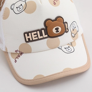 Kids breathable mesh baseball cap featuring Hello bear print and polka dot design