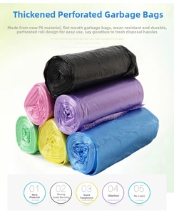Close-up of thick multi-colored heavy-duty PE trash bags with leak-proof flat top design