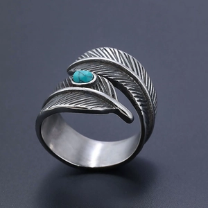 Vintage stainless steel feather open ring featuring a turquoise inlay for men and women