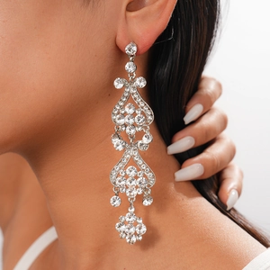 Close-up of sparkling silver tassel earrings with crystal rhinestones on a model