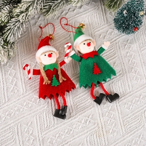 Christmas elf doll hanging ornaments in red and green felt with gold bells on white background