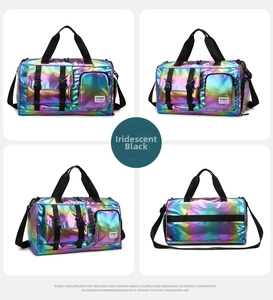 Close-up of shiny black iridescent waterproof sports bag with multiple compartments