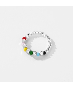 Macro shot of s925 sterling silver beaded ring with colorful multifaceted crystal accents