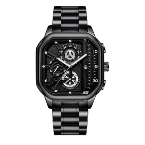 Luxury black square quartz watch for men with metal link band and chronograph dial