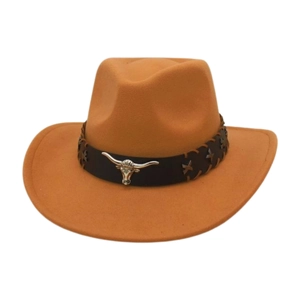 Chapeau de cowboy classique en laine camel avec bandeau en cuir à tête de taureau