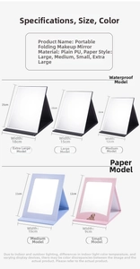 Specification guide for portable folding makeup mirrors with size measurements and colors