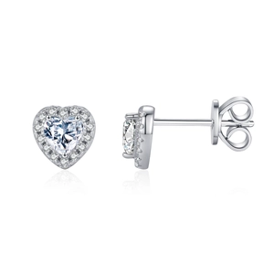 S925 sterling silver heart-shaped moissanite stud earrings with a halo of small diamonds