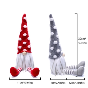 Pair of Christmas faceless gnomes with dotted hats and striped legs, front and side view