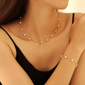 Stainless Steel Jewelry Set For Women With Natural Stone And Imitation Artificial Pearl Vintage Gold Necklace Bracelet Set For Daily Party