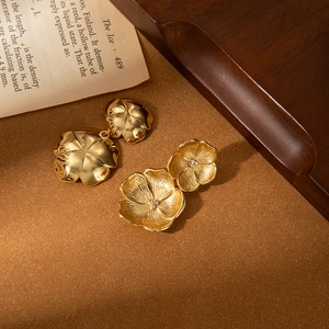 Vintage 18K gold-plated stainless steel double flower earrings with zircon stones