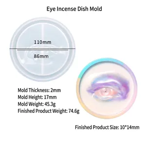 Dettaglio macro dello stampo in silicone a forma di occhio con misure e specifiche tecniche