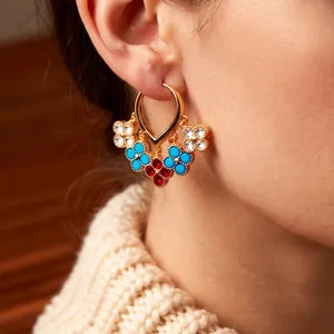 18K gold plated flower fringe earrings with vintage colorful rhinestones on a model