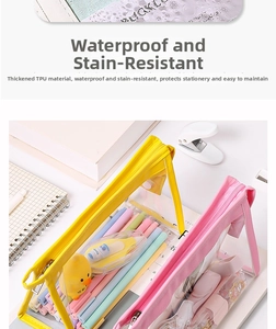 Macro detail of waterproof TPU pencil case showing yellow and pink triangular designs
