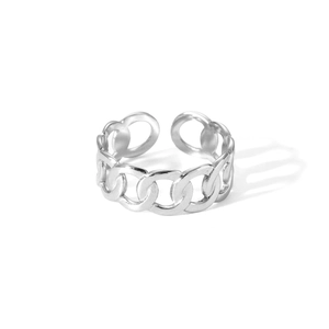 Detail view of silver Cuban link chain ring with adjustable open band design