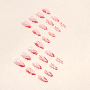 Long almond press-on nails with abstract pink and orange wave patterns on a white background