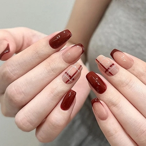 Square French Tip Press On Nails Plaid Wine Red Nude Pink Glossy Artificial Fake Nail Art For Women Girls