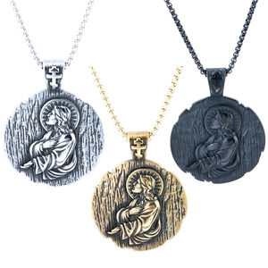 Saint Benedict Medal Pendant Necklace Stainless Steel Retro Religious Portrait Relief Cross Jewelry Men Women