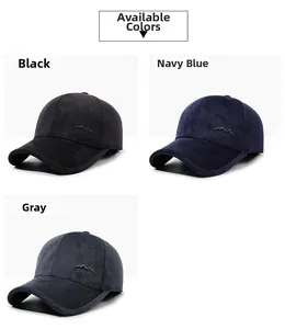 Detailed embroidery view of sport logo on black navy and grey winter baseball caps