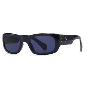 Retro black oval frame sunglasses with gold star rivets and dark purple lenses