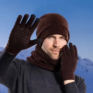 Mens 3-piece winter knit set with thermal beanie hat scarf and touchscreen gloves
